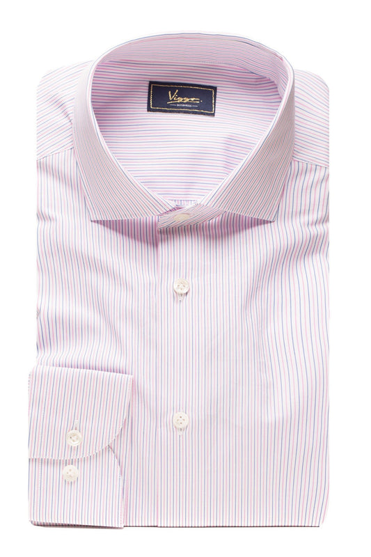 White shirt with blue and pink stripes