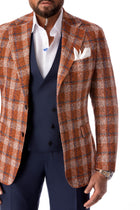 Brown casual jacket in beige and navy checkers
