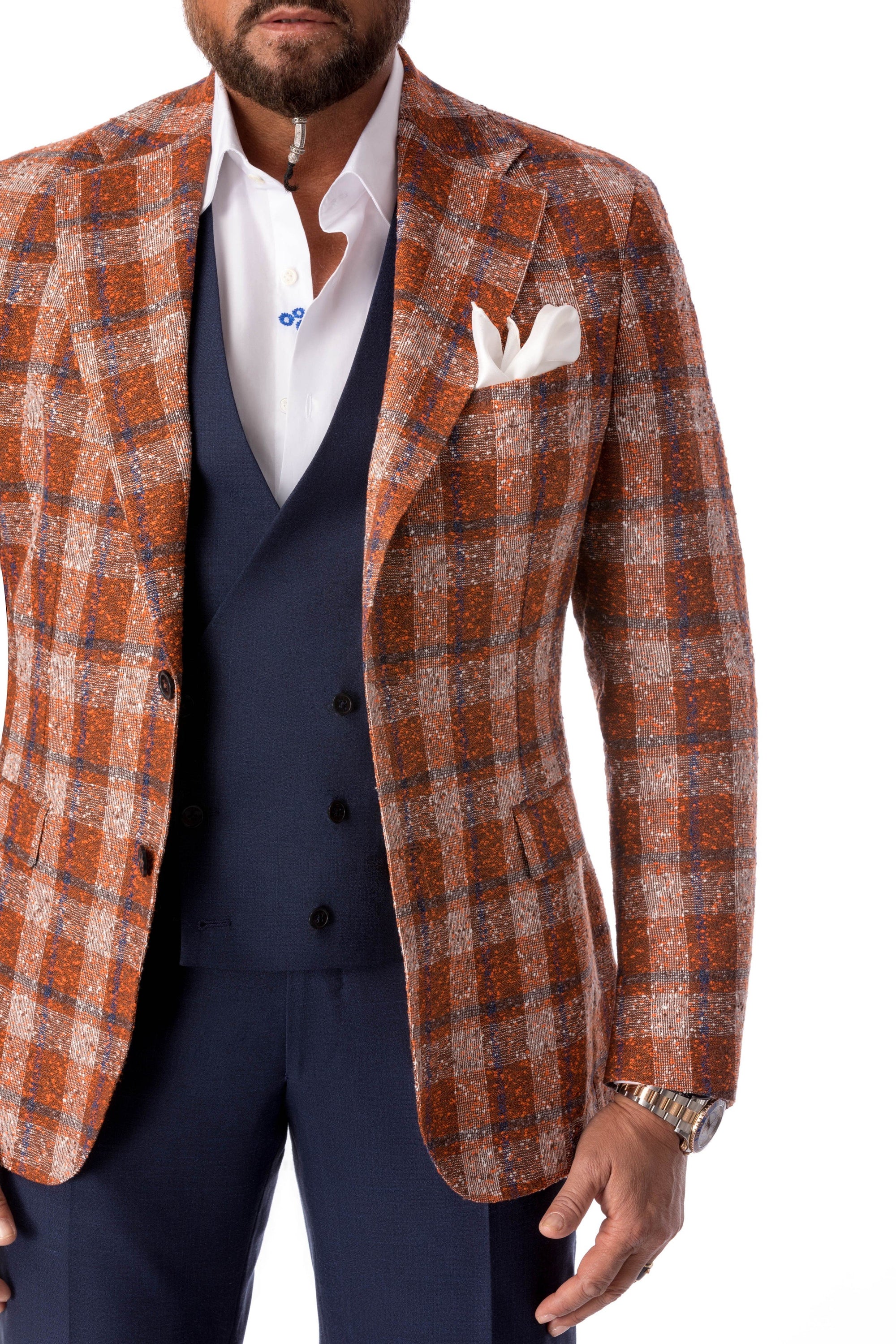 Brown casual jacket in beige and navy checkers