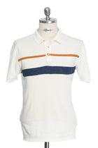 Casual white t-shirt with navy and brown stripe and Polo collar