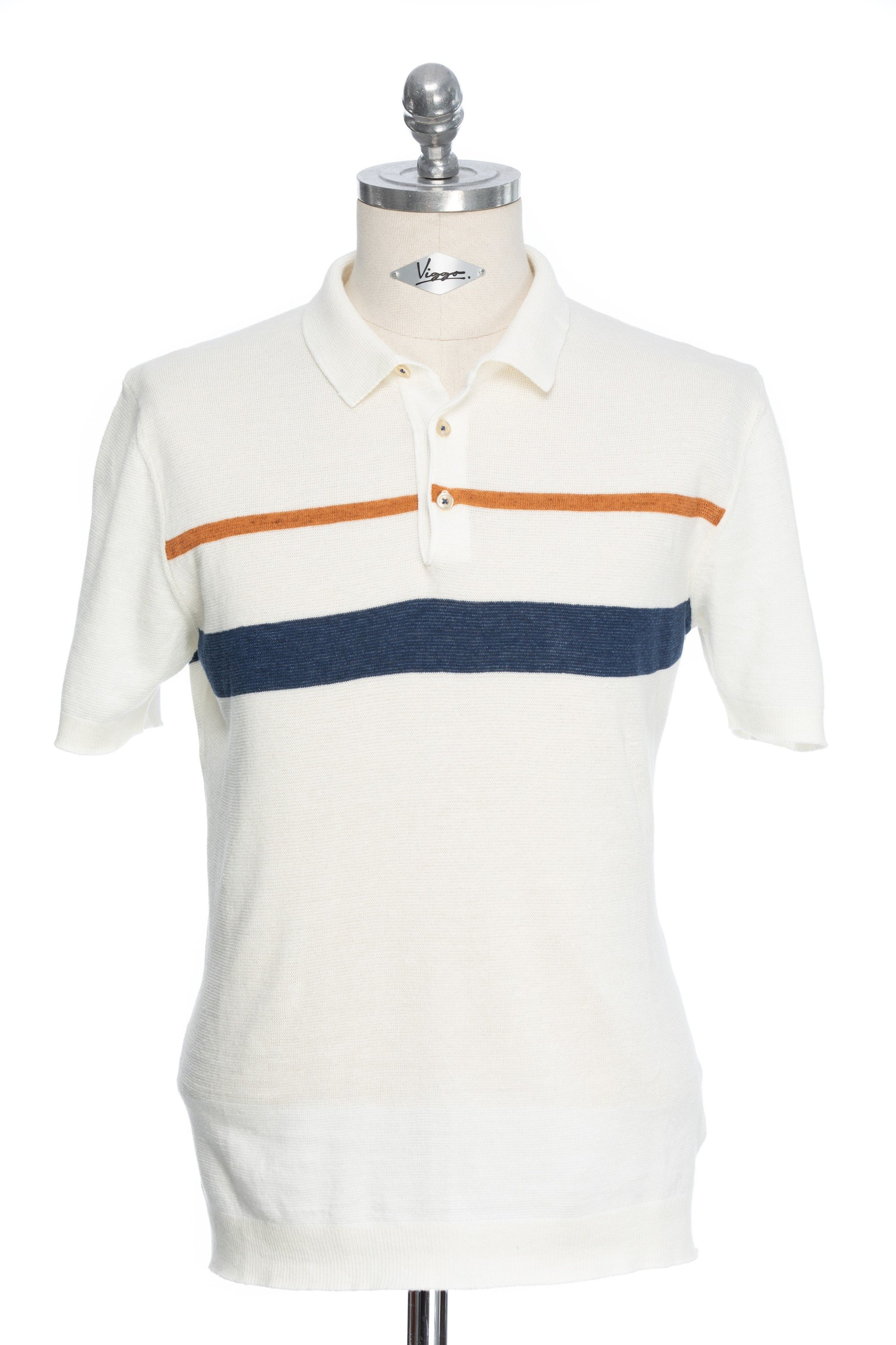 Casual white t-shirt with navy and brown stripe and Polo collar