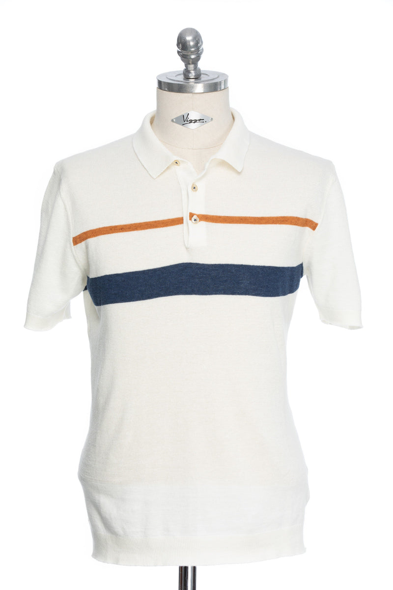 Casual white t-shirt with navy and brown stripe and Polo collar