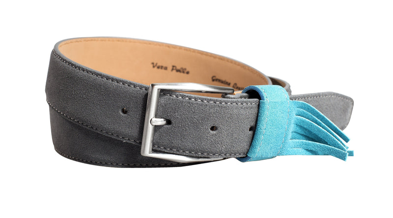 Grey leathered belt with fringe