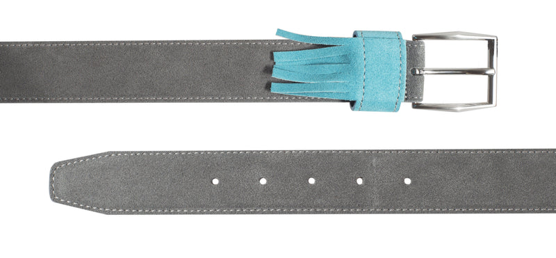 Grey leathered belt with fringe