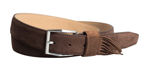 Grey leathered belt with fringe