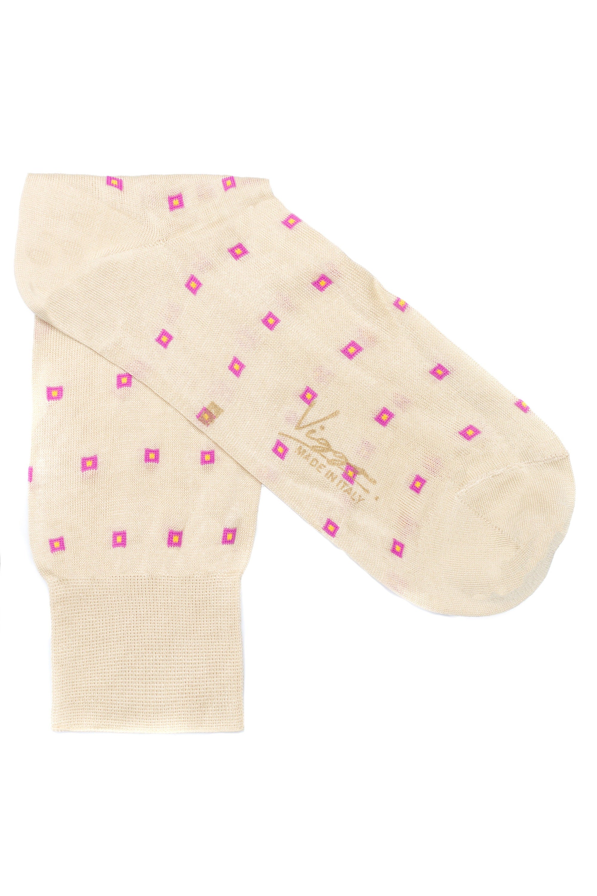 Beige socks with pink squares