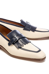 Tassel beige with navy leathered and textured moccasins