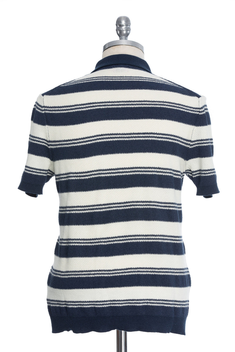 Navy casual t-shirt with white wide stripes and Polo collar