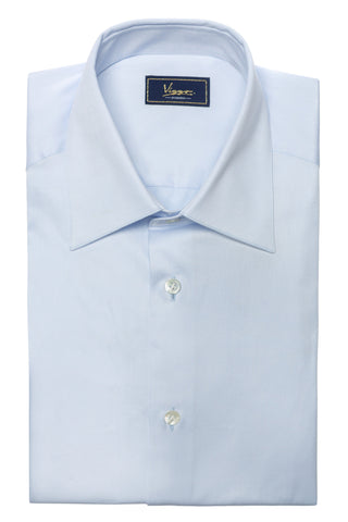 Blue shirt with stripes and white collar