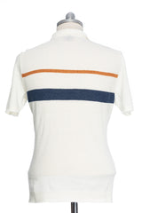Casual white t-shirt with navy and brown stripe and Polo collar