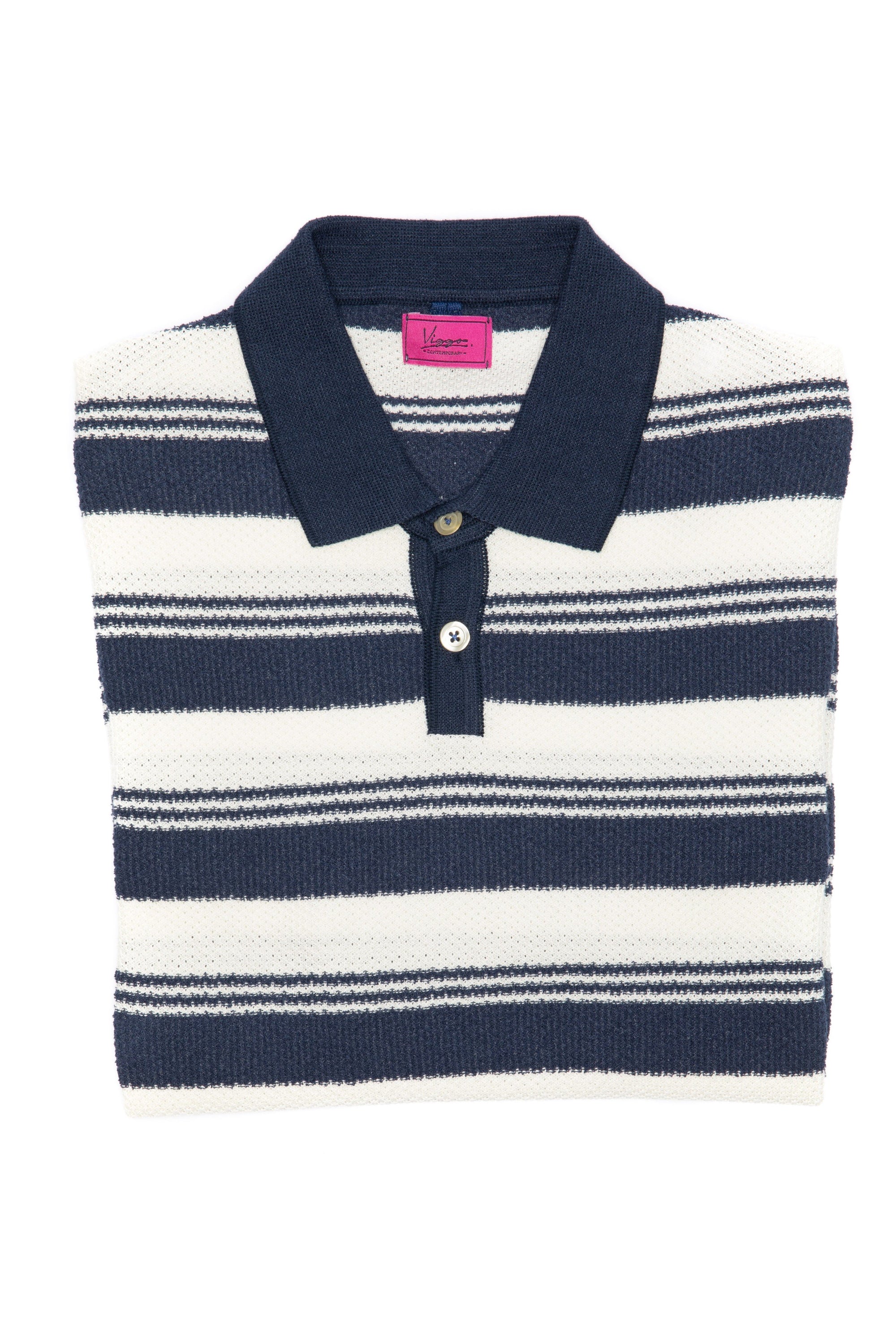 Navy casual t-shirt with white wide stripes and Polo collar