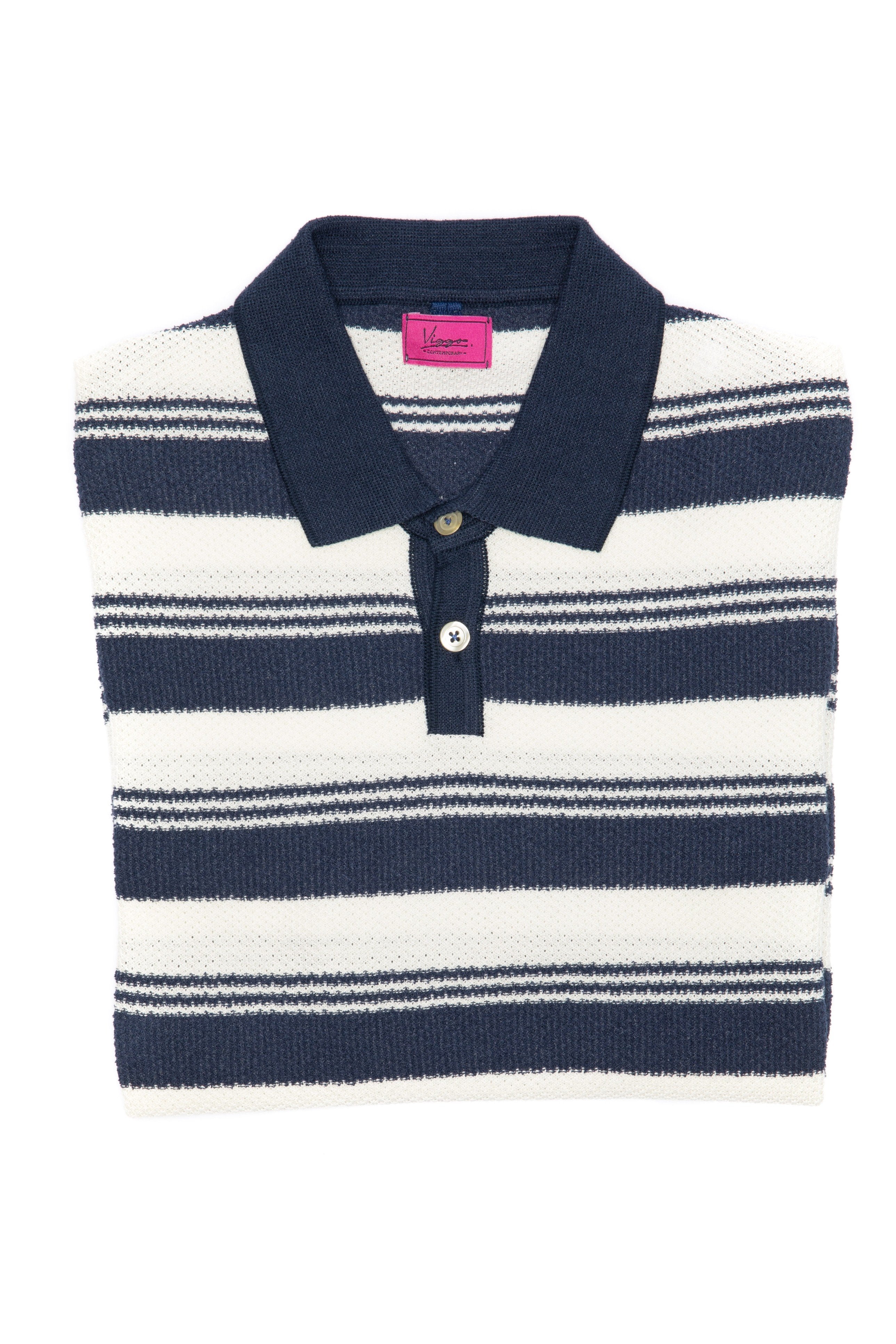 Navy casual t-shirt with white wide stripes and Polo collar