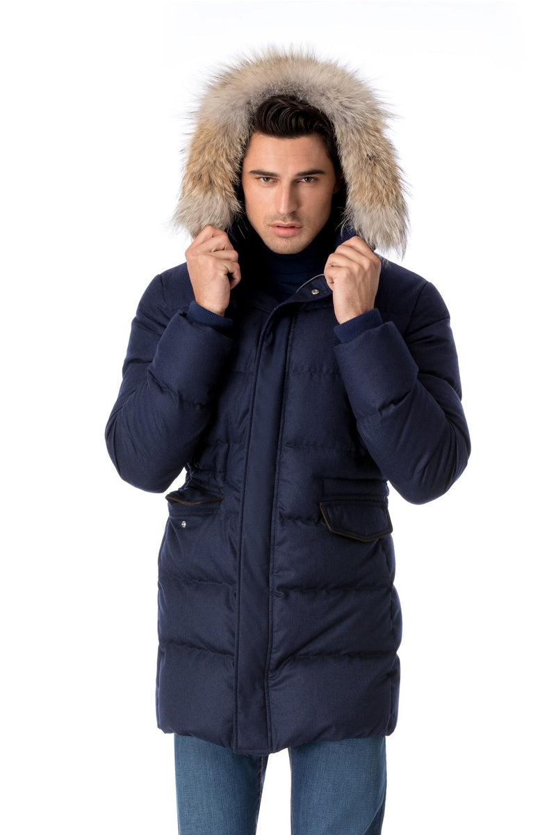 Navy blue  water-repellent parka in virgin wool and down