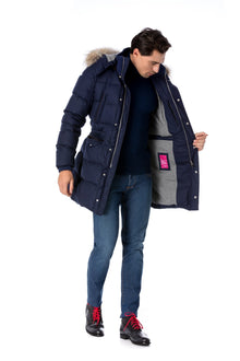 Navy blue  water-repellent parka in virgin wool and down
