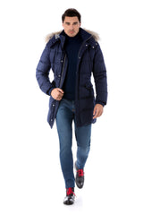 Navy blue  water-repellent parka in virgin wool and down