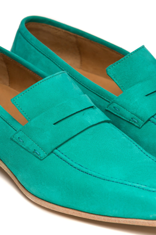 Turquoise Penny suede moccasins
