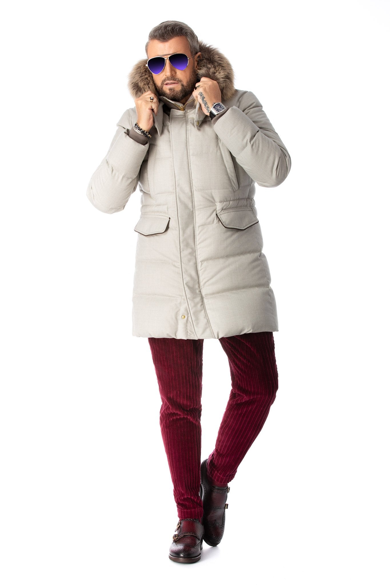 Water-repellent parka in virgin wool and down