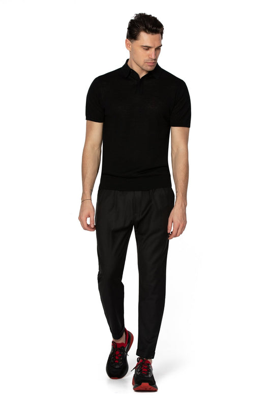 Merino wool and linen black polo shirt
