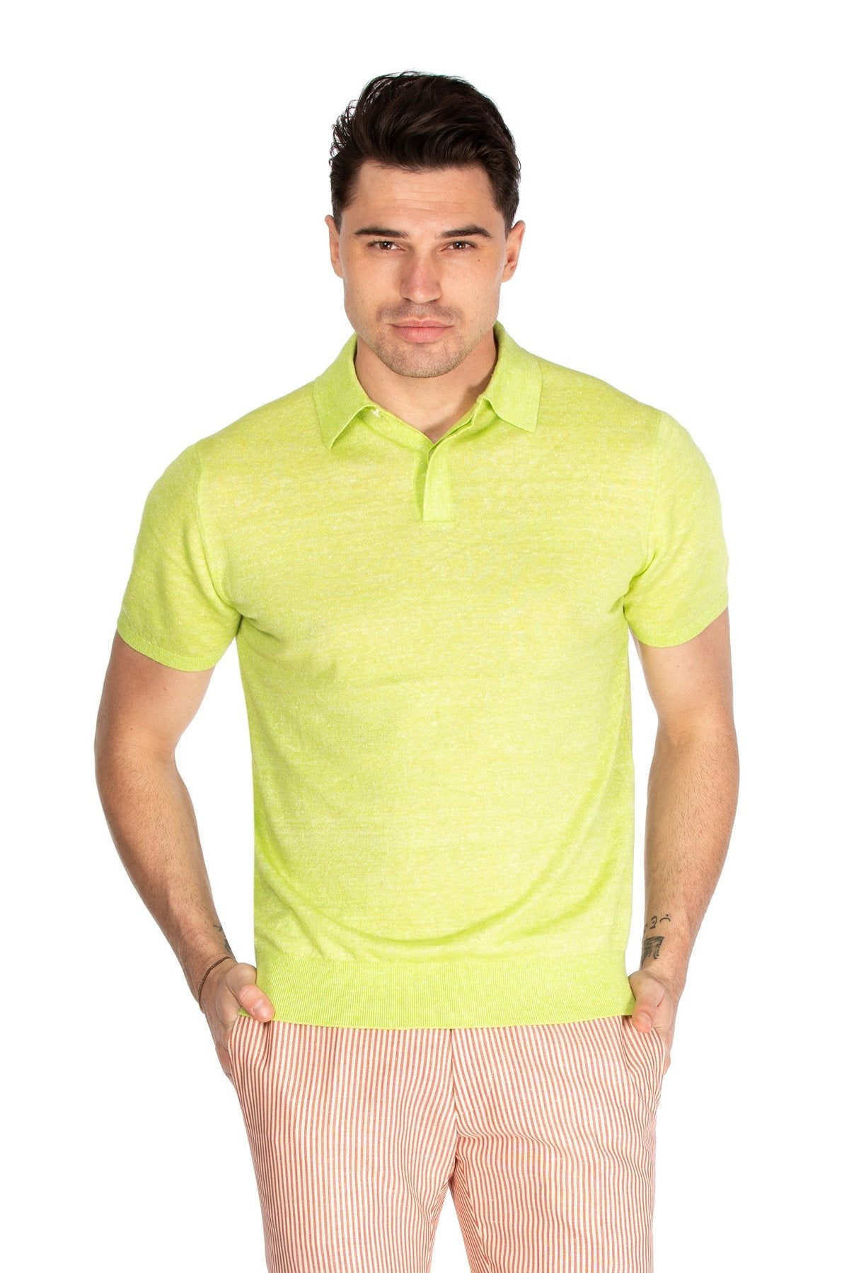 Merino wool and linen green polo shirt