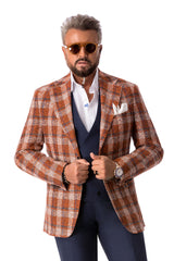 Brown casual jacket in beige and navy checkers