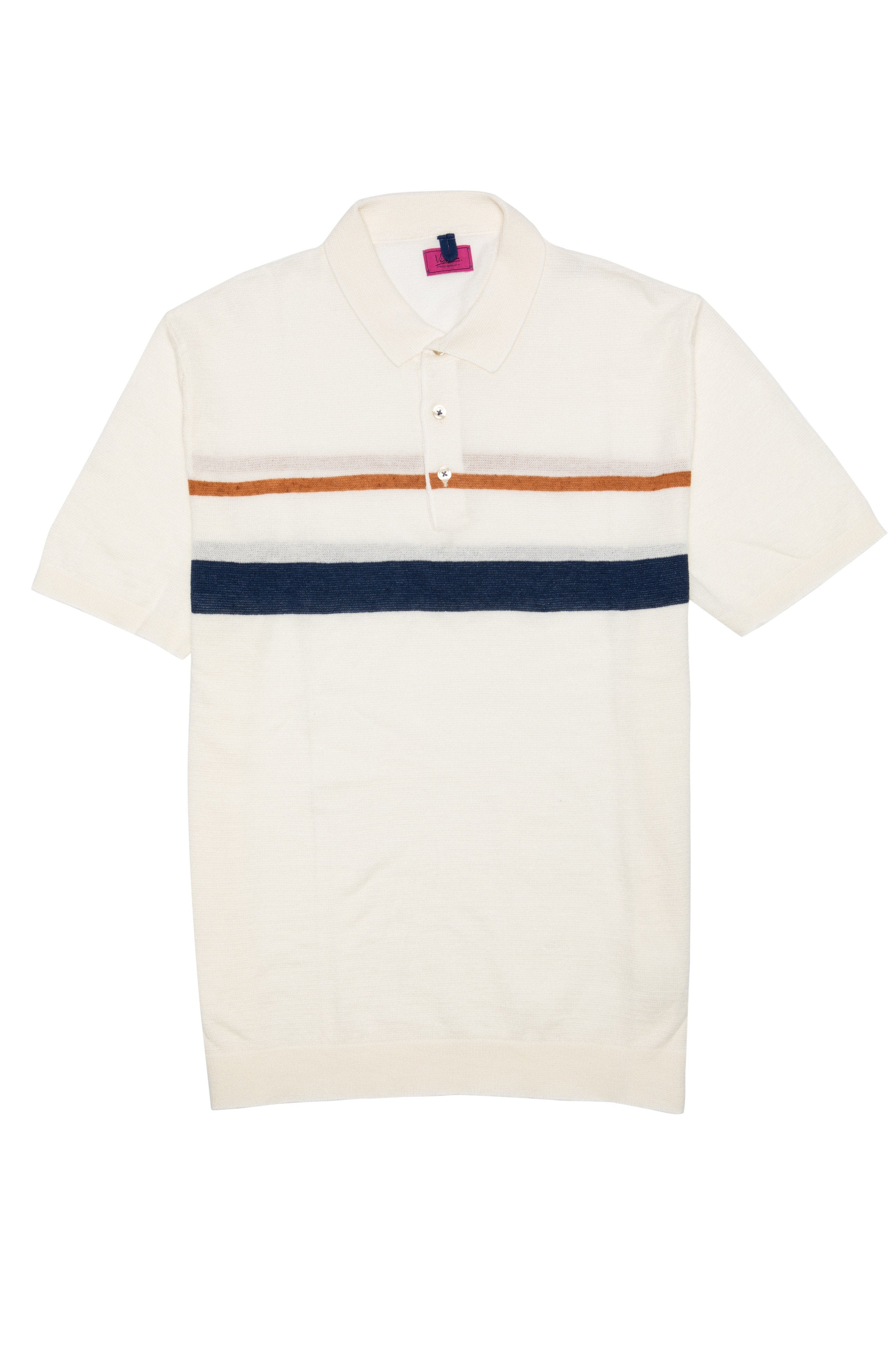 Casual white t-shirt with navy and brown stripe and Polo collar