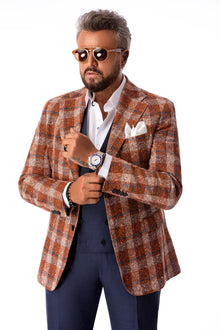 Brown casual jacket in beige and navy checkers