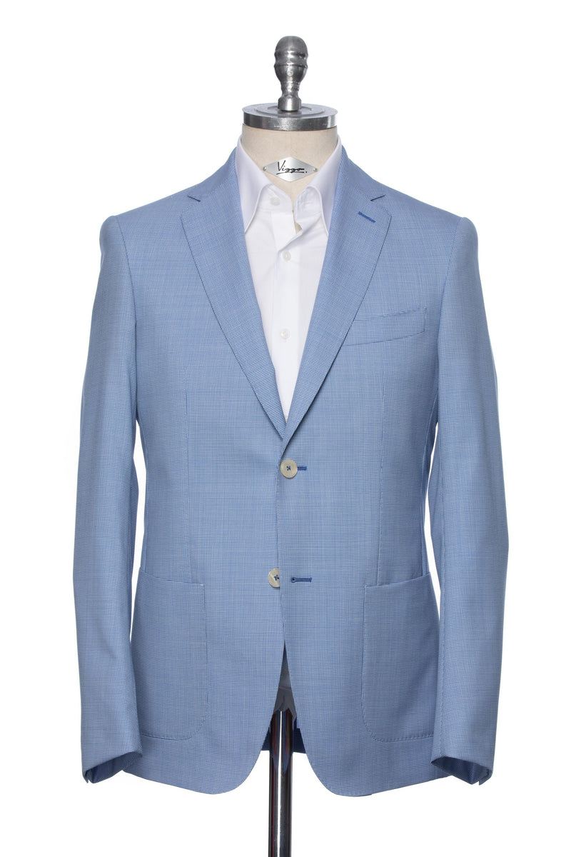 Blue casual jacket with small white checkers and lapel cut