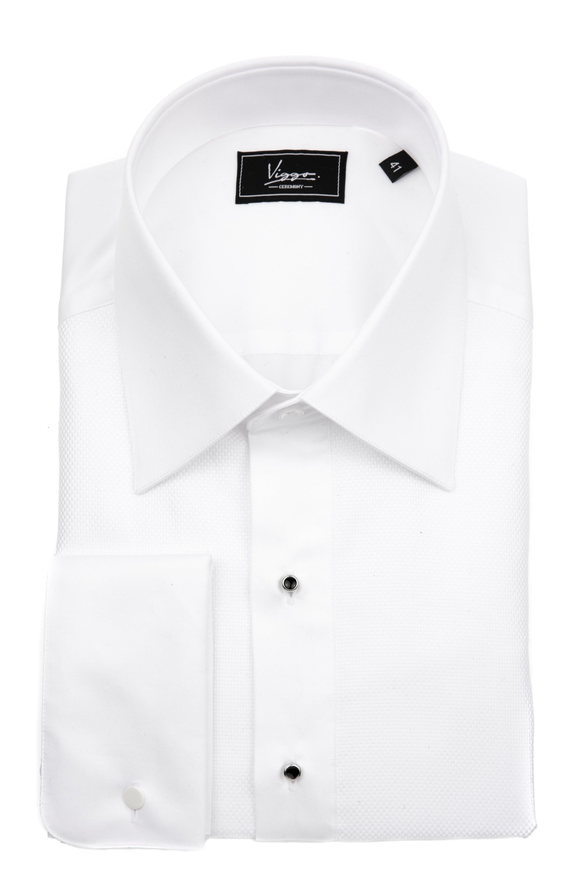White evening shirt in fine texture with jewellery buttons