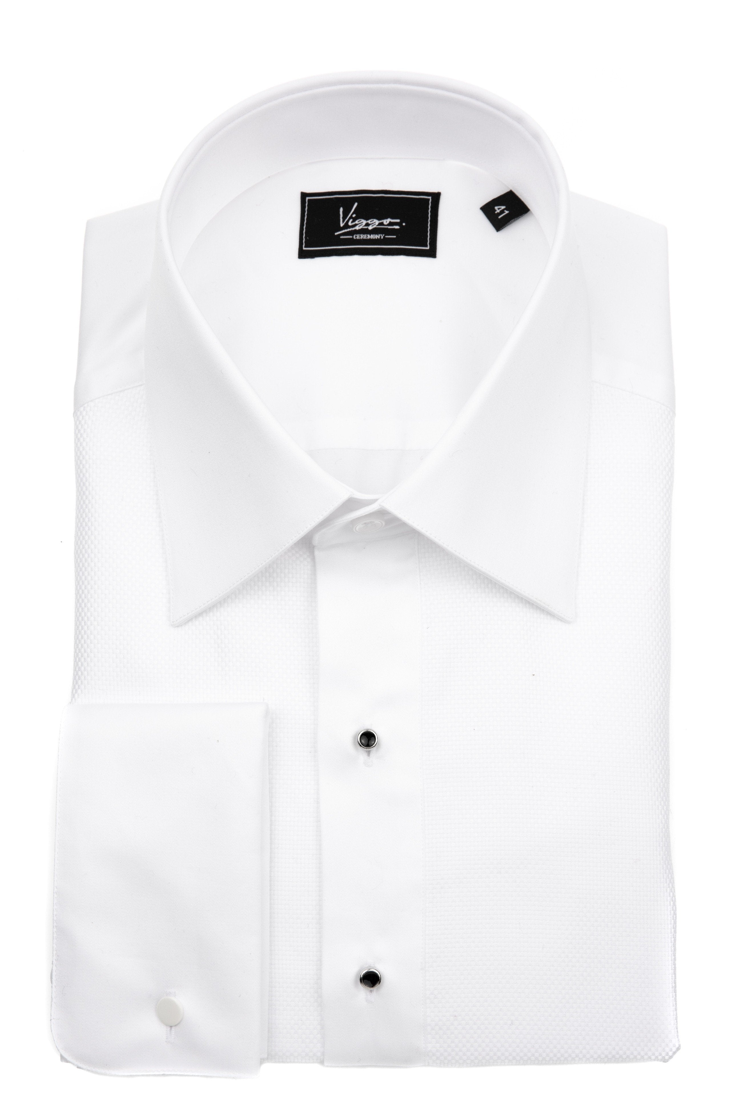 White evening shirt in fine texture with jewellery buttons