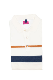 Casual white t-shirt with navy and brown stripe and Polo collar