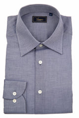 Grey business shirt with white and navy stripes