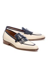 Tassel beige with navy leathered and textured moccasins