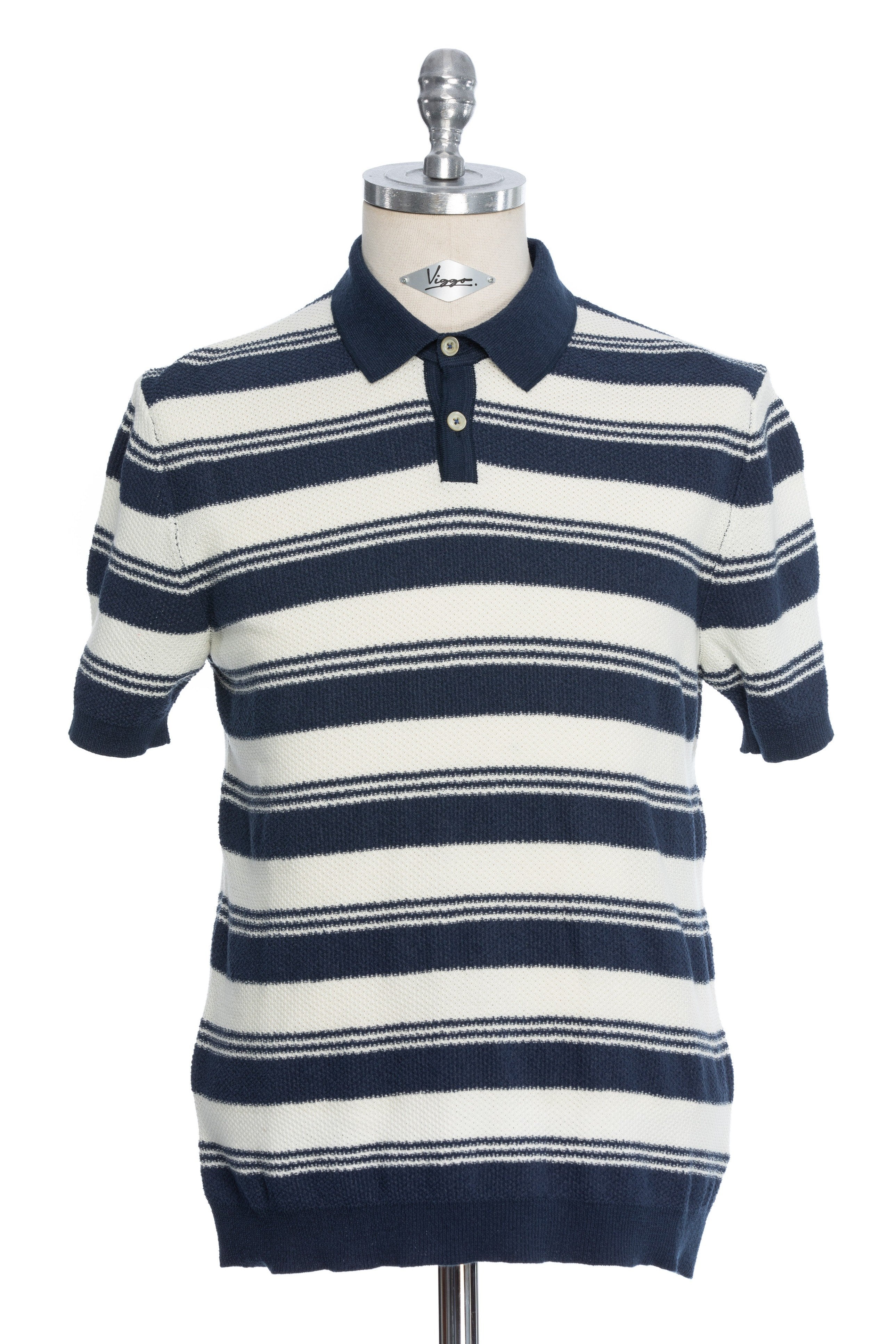Navy casual t-shirt with white wide stripes and Polo collar