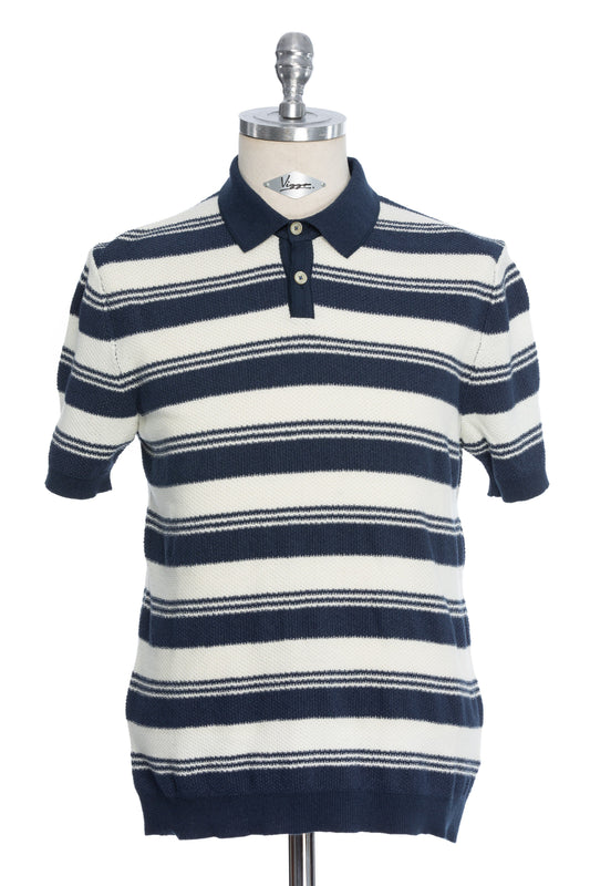 Navy casual t-shirt with white wide stripes and Polo collar