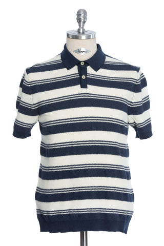 Casual white t-shirt with navy and brown stripe and Polo collar