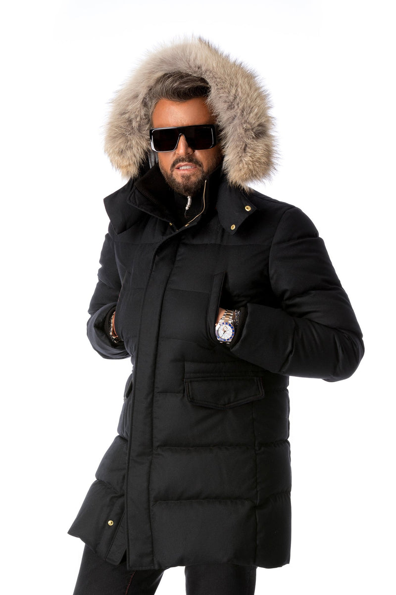Black water-repellent parka in virgin wool and down