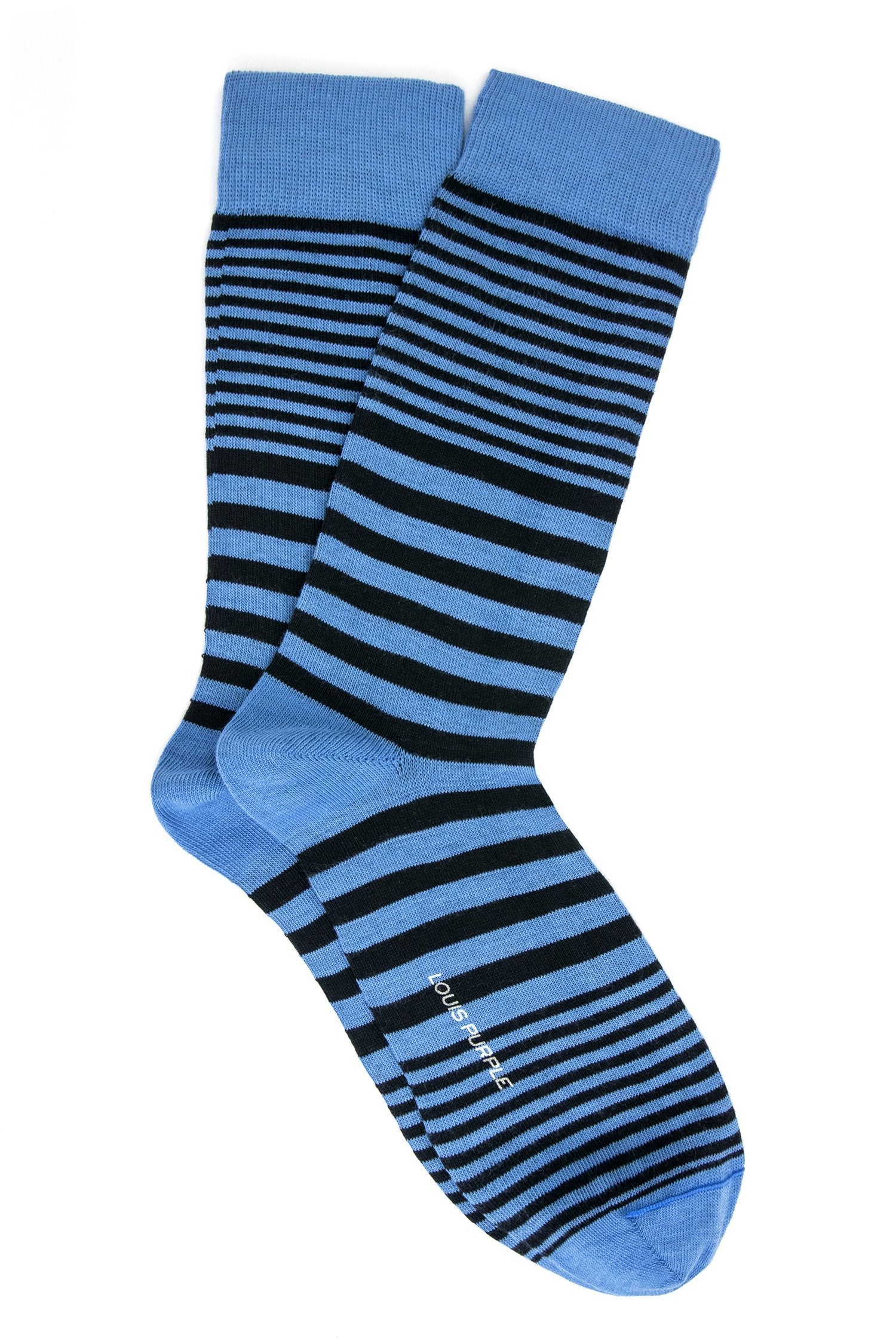 Blue socks with black stripes