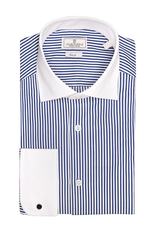 Blue shirt with stripes and white collar
