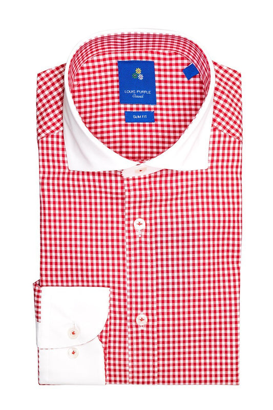 Red checkered casual shirt with white collar and sleeves