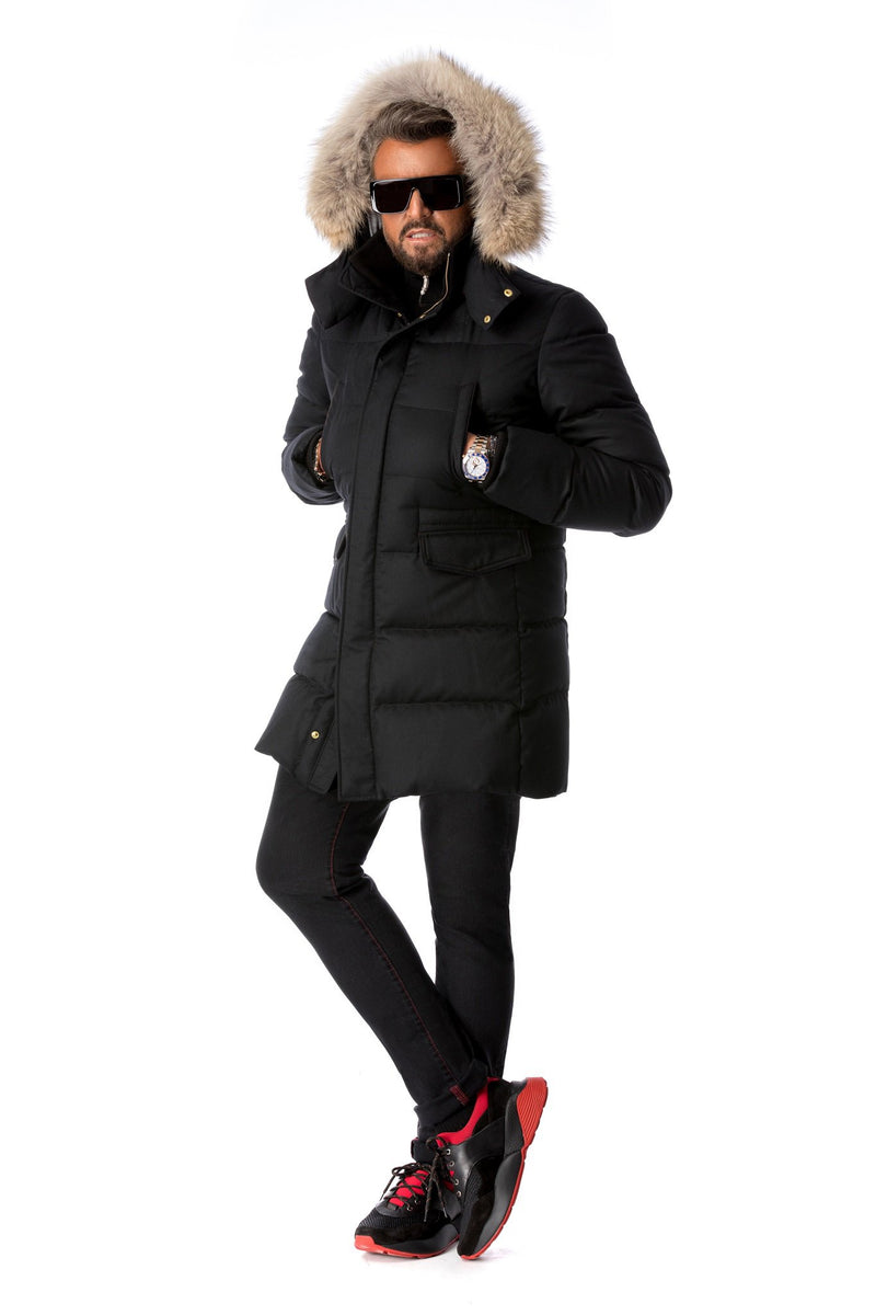 Black water-repellent parka in virgin wool and down
